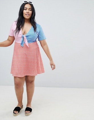 ASOS DESIGN Curve mini skater sundress with tie front in color block gingham 