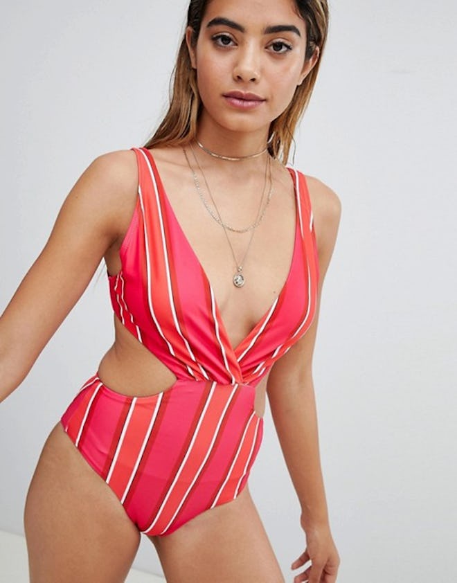 Missguided Mix Stripe Plunge Swimsuit 