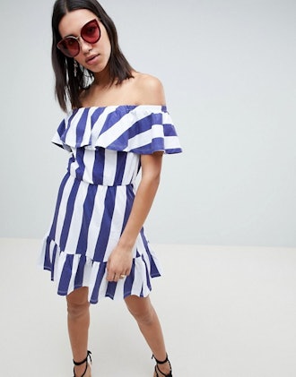 ASOS DESIGN off shoulder sundress with tiered skirt in deckchair stripe 