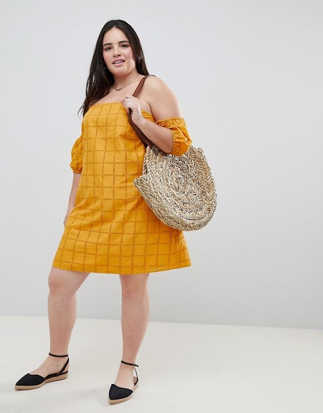 ASOS DESIGN Curve Ultimate Broderie Puff Ball Off Shoulder Mini Sundress 