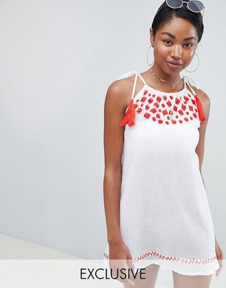 Boohoo Tassel Cami Strap Embroidered Beach Dress 