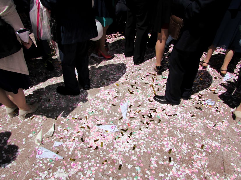 Pink confetti on the floor after a celebration