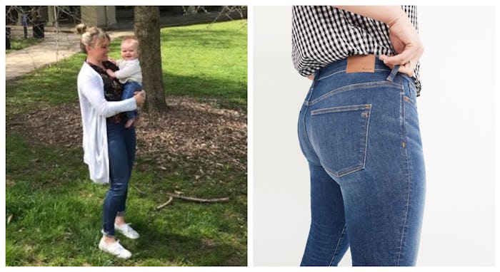 A two-part collage of a mom holding a baby and a model wearing the mid-range jeans that saved the mo...