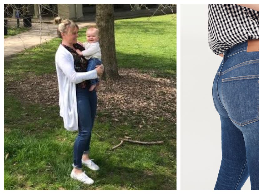 A two-part collage of a mom holding a baby and a model wearing the mid-range jeans that saved the mo...