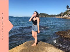 Sarah Fielding posing on pier in Sydney, Australia.