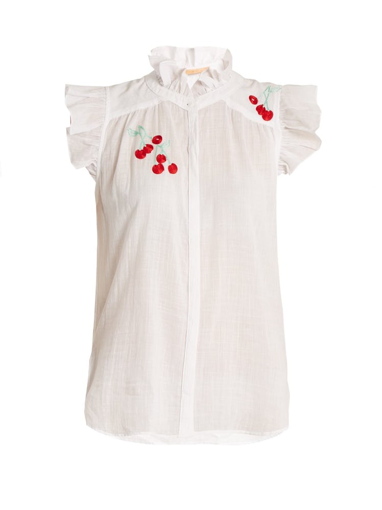 BLISS AND MISCHIEF Cherry-embroidered cotton-voile shirt