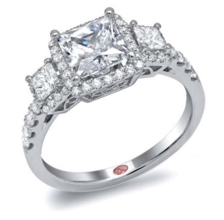 Cathedral Setting Three-Stone Square Halo Engagement Ring 
