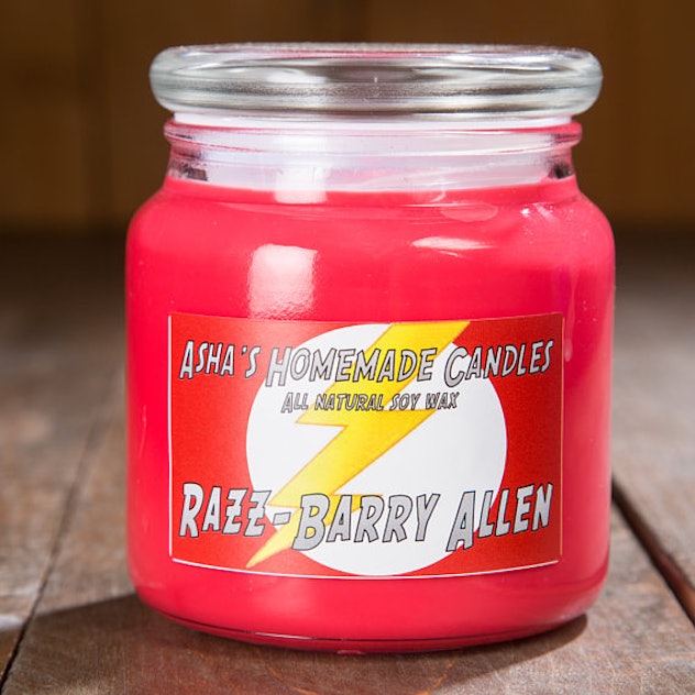 A red Flash Soy Candle
