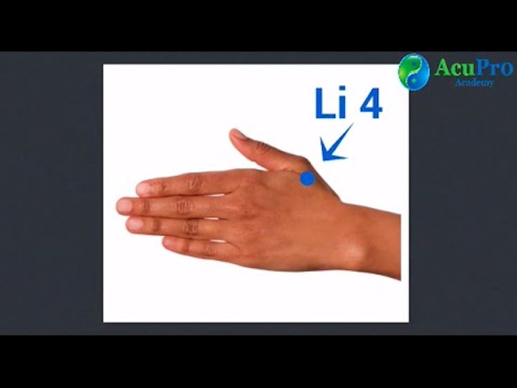 A hand, and an arrow pointing at the highest spot of the muscle between the thumb and forefinger for...