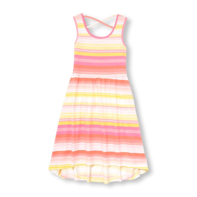 Girls Sleeveless Striped Knit Hi-Low Dress 