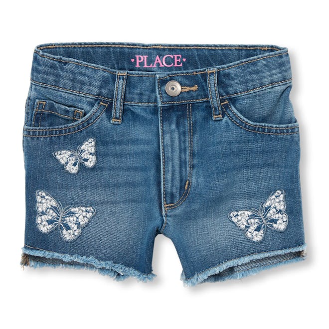 Girls Butterfly Embroidered High Waist Denim Shorts 