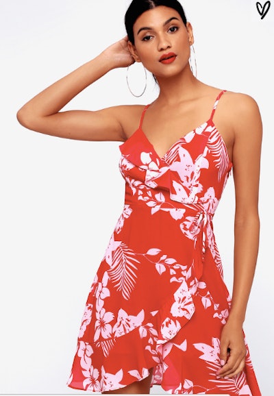Isle Let It Be Red Tropical Print Ruffled Mini Dress