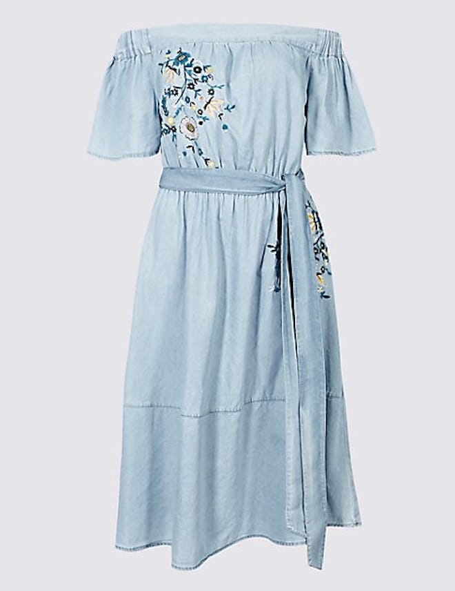 Per Una Cotton Rich Embroidered Bardot Midi Dress