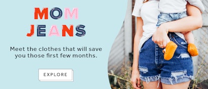 Mom jeans logo next to woman in jeans holding her baby