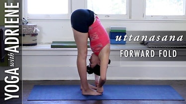 A woman doin yoga in the uttanasana pose and "Yoga with Adriene" text