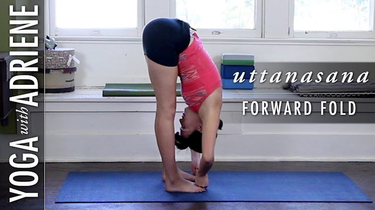A woman doin yoga in the uttanasana pose and "Yoga with Adriene" text