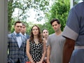 Chuck, Nate, Georgina, Blair, and Dan on the set of 'Gossip Girl'