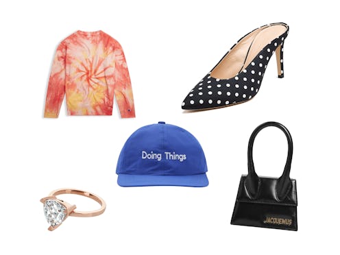 A collage with Champion Dip Dye Crew, Fred and Far Ring, Outdoor Voices Hat, Club Monaco Pump and Ja...