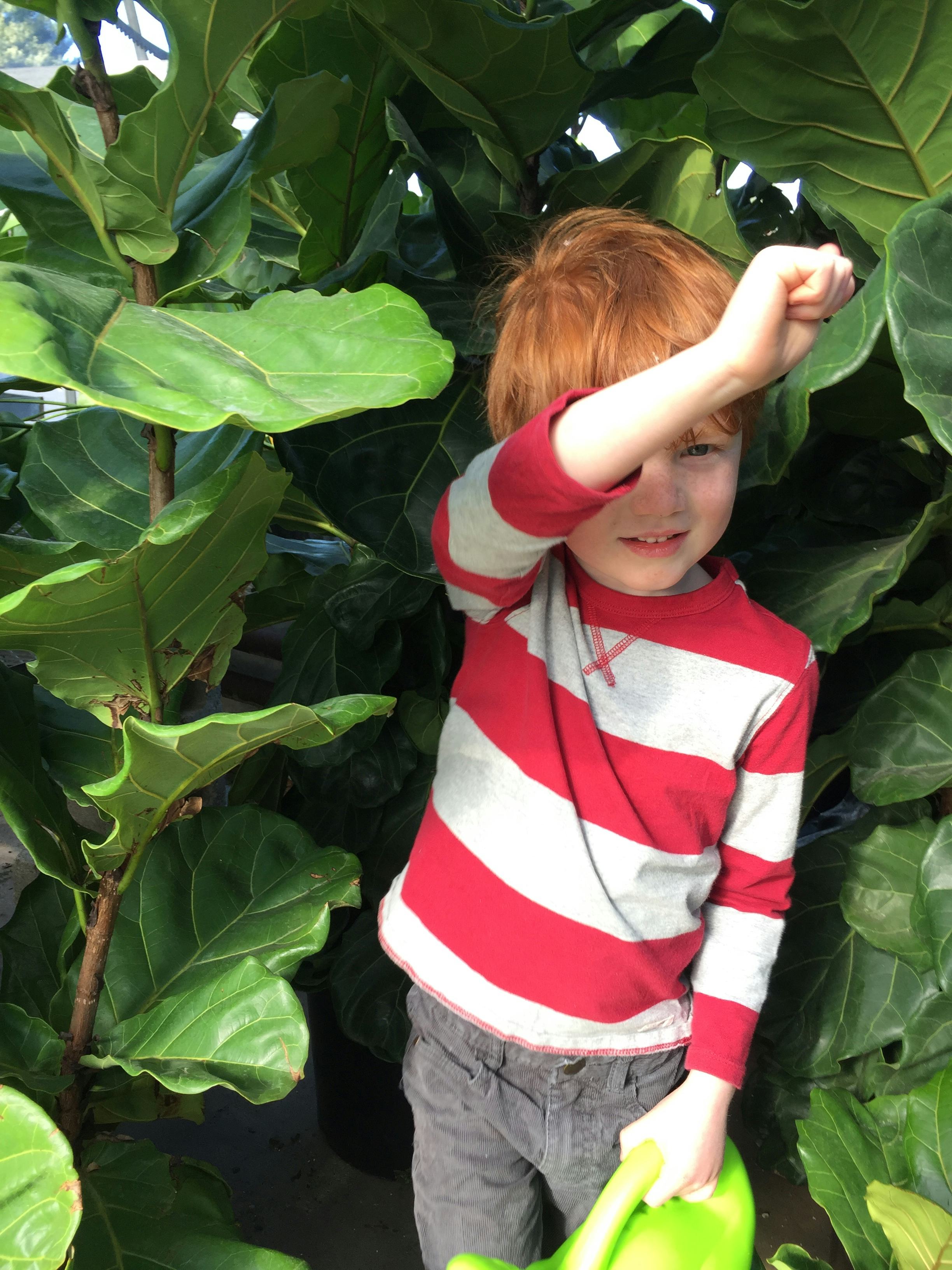 A little boy wearing a red and white shirt