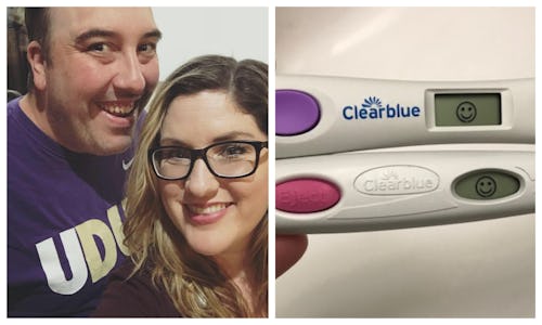 A couple standing next to each other besides the pregnancy tests they took