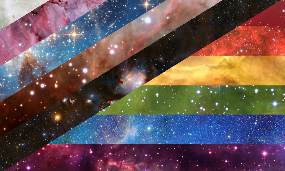 The space new pride flag with horizontal rainbow stripes on the bottom right and trans colors with brown and black diagonal from bottom left to top right, with all stripes images from outer space.. https://www.bustle.com/p/space-pride-flags-exist-thanks-to-this-twitter-user-heres-what-they-mean-9405690