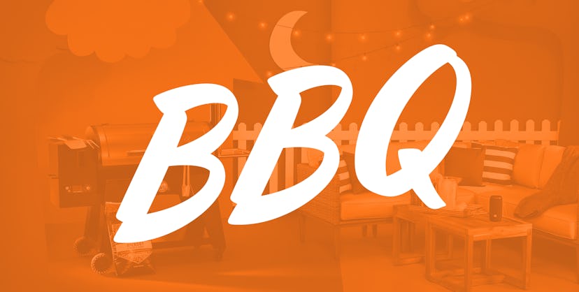 A text reading: 'BBQ' and a garden set of furniture with barbecue in an orange blurred background