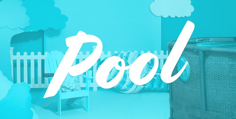 A text reading: 'Pool' with a pool area blurred in a blue background