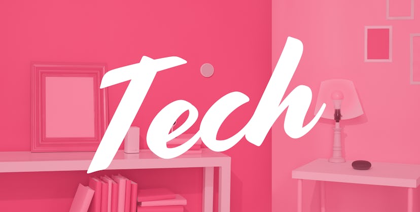 A text reading: 'Tech' with a living room corner in a pink blurred background