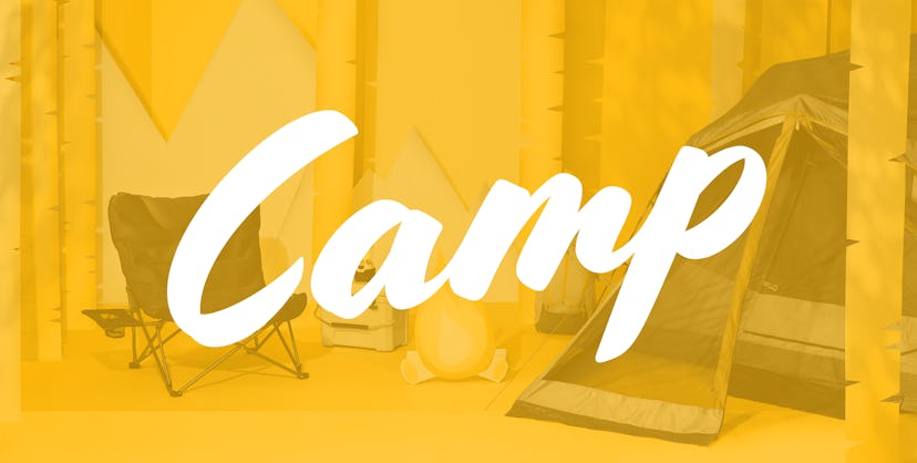 A text reading: 'Camp' with a tent and a folding chair in a blurred yellow background