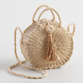 Natural Straw Circle Crossbody Bag With Tassel