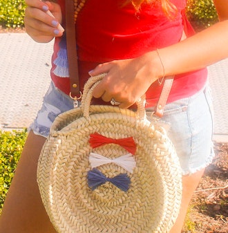 USA July 4th Ombré Raffia Bow Round Straw Handwoven Crossbody Bag