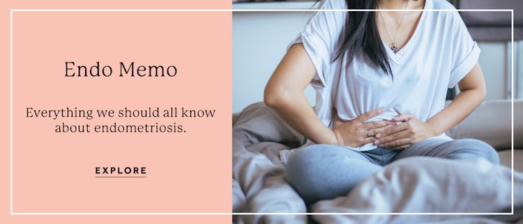 A woman holding her stomach with her hands because of pain and an "Endo Memo" text sign