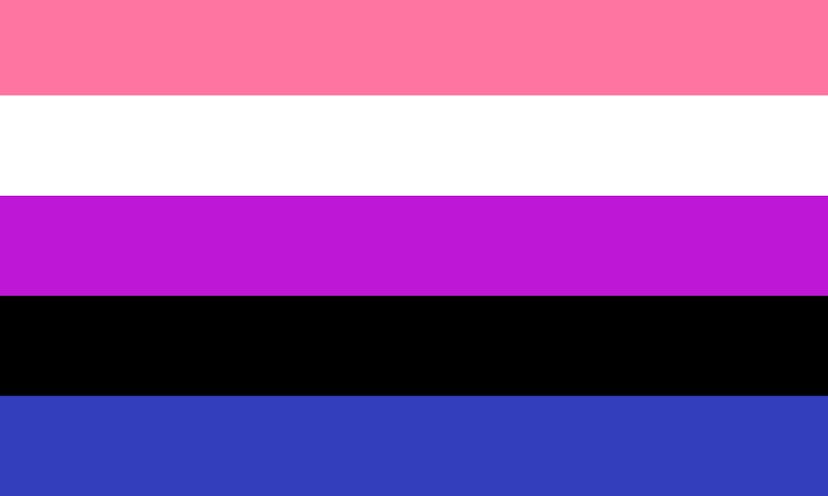 The genderfluid pride flag: pink, white, magenta, black, and blue.