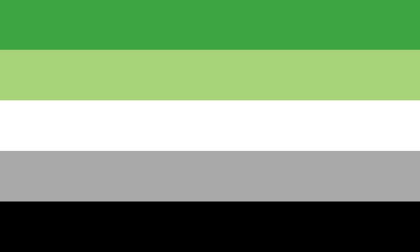 The aromantic pride flag: 5 stripes of green, light green, white, grey, and black.