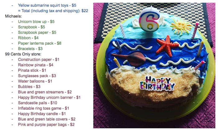 A collage with a birthday party shopping list and an ocean-inspired birthday cake with the number si...