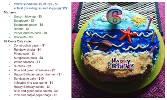 A collage with a birthday party shopping list and an ocean-inspired birthday cake with the number si...