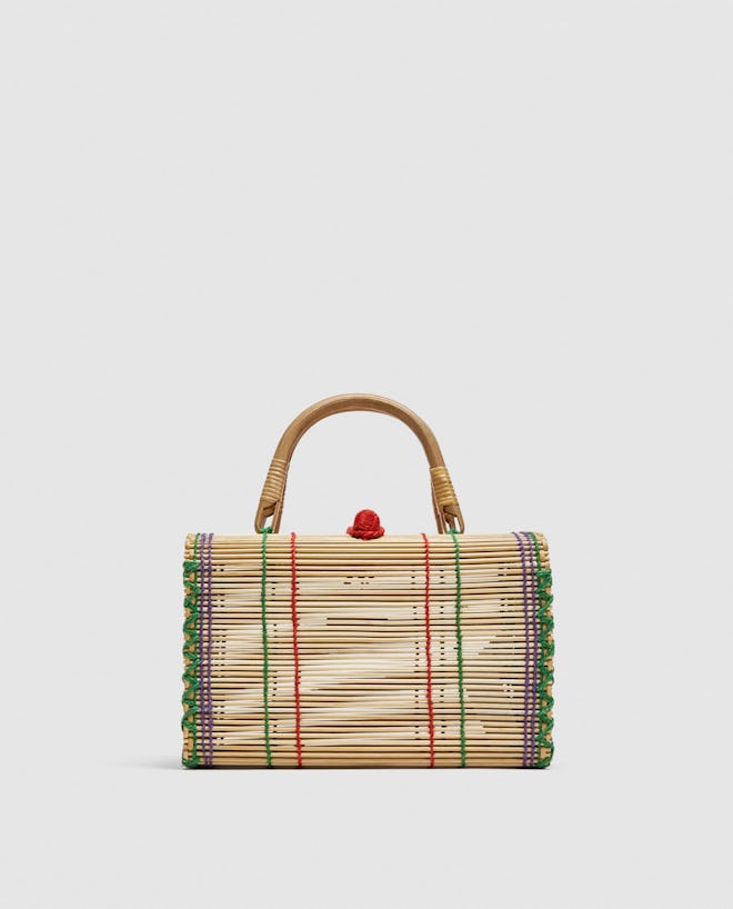 Straw Bag With Multi-Colored Top Stitching