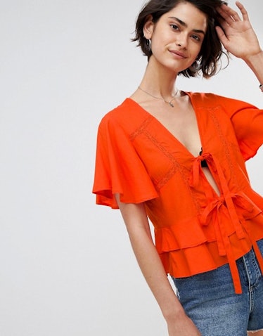 ASOS DESIGN Lace Insert Tie Front Top With Ruffle Hem
