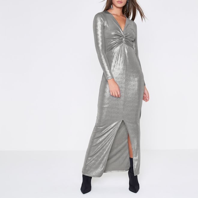 Silver Metallic Knot Front Bodycon Maxi Dress
