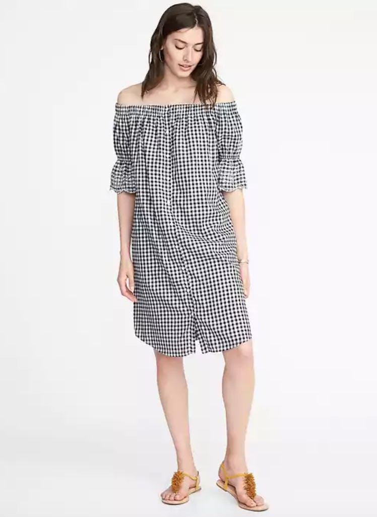 Off-the-Shoulder Button-Front Gingham Dress for Women