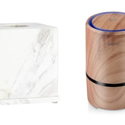 A chic tissue box cover in marble and portable air purifier for people with allergies