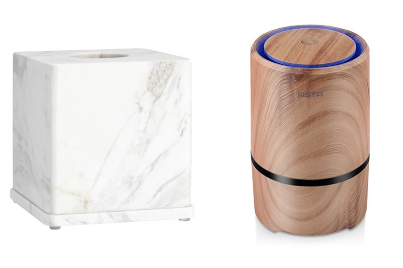 A chic tissue box cover in marble and portable air purifier for people with allergies