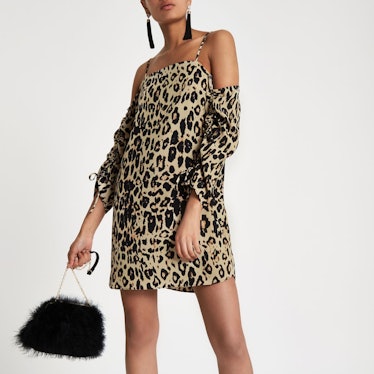 Brown leopard print bardot swing dress