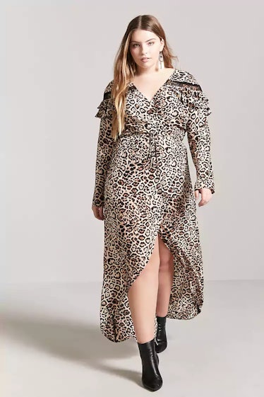 Plus Size Leopard Print Surplice Wrap Maxi Dress
