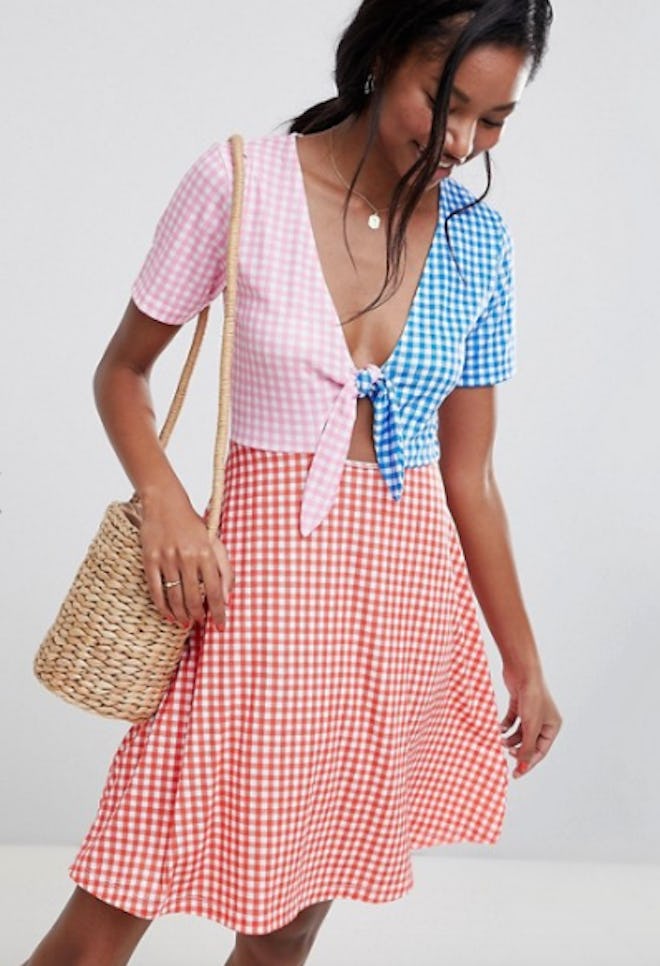 ASOS DESIGN mini skater sundress with tie front in color block Gingham 