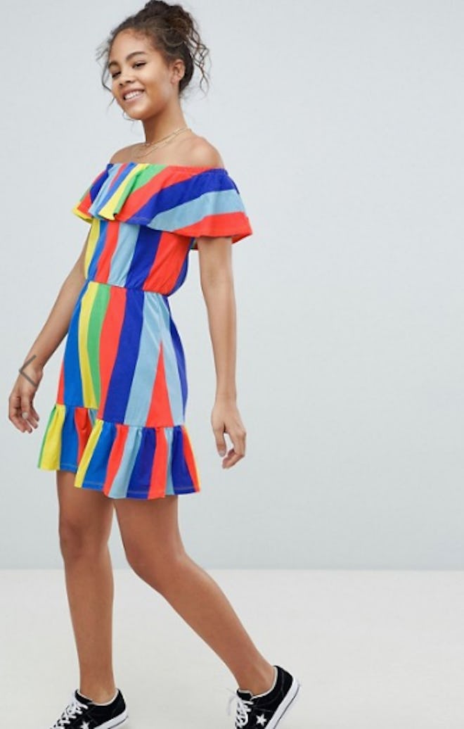 ASOS DESIGN Tall off shoulder sundress with tiered skirt in rainbow stripe 