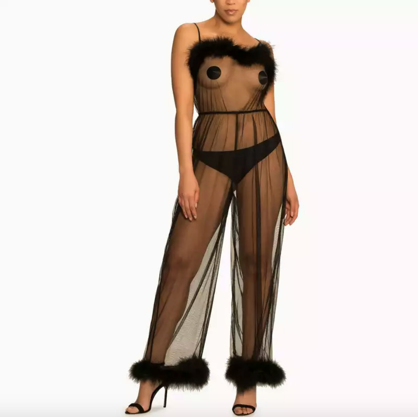 sheer marabou jumpsuit