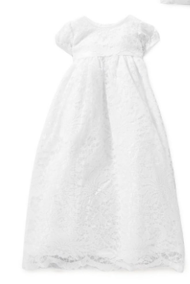 Cap-Sleeve Lace-Overlay Christening Dress & Bonnet Set