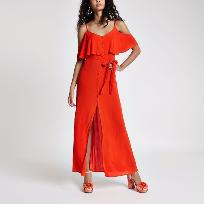 Red Cold Shoulder Tie Waist Maxi Dress