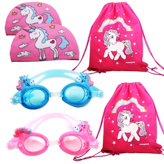 2PCS Kids Unicorn Swim Goggles with 2PCS Unicorn Breathe Swim Cap-Sun Protection Hat and 2PCS unicor...
